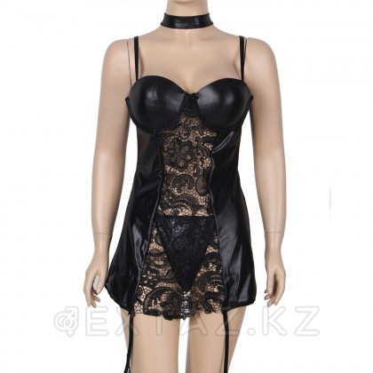 Платье кожаное с пажиками для чулок Ohyeah с кружевом +стринги, M-L - extaz.kz фото 9 Шілтері бар ohyeah шұлық парақтары бар былғары көйлек + жіптер, M-L от sex shop Extaz фото 9