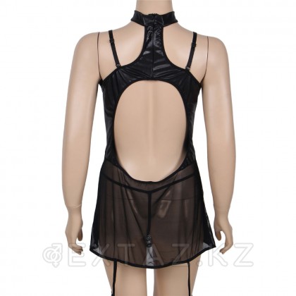 Платье кожаное с пажиками для чулок Ohyeah с кружевом +стринги, M-L - extaz.kz фото 8 Шілтері бар ohyeah шұлық парақтары бар былғары көйлек + жіптер, M-L от sex shop Extaz фото 8